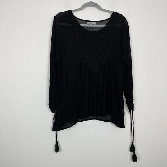 World Market Black Sheer Embroidered Top Tassled Sleeves Size Small Medium - Picture 1 of 7